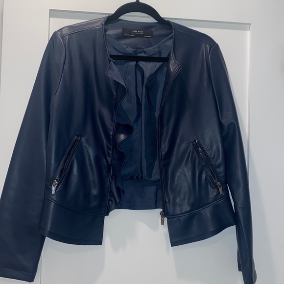 Navy Blue pleather jacket with Frill - Picture 1 of 5